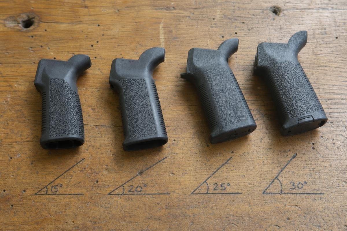AR-15 grip angle comparison of 15 degree, 17 degree, traditional, and vertical grips