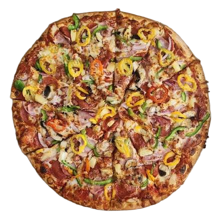 Spicy Special — Pepperoni, ham, onions, mushrooms, beef, mixed peppers, sweetcorn & black olives
