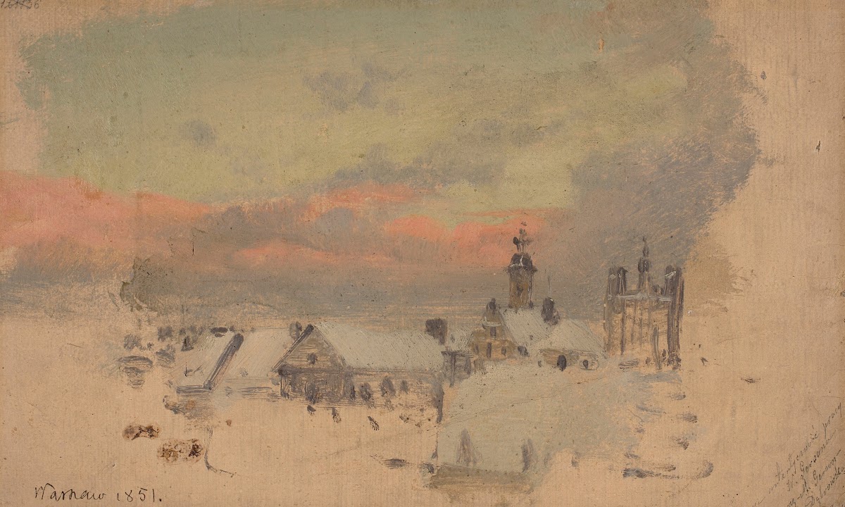 Dachy Starego Miasta o zachodzie 1851