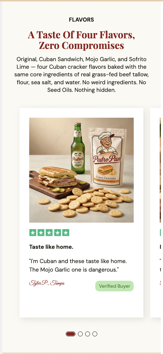 Pedro Pan landing page offer section