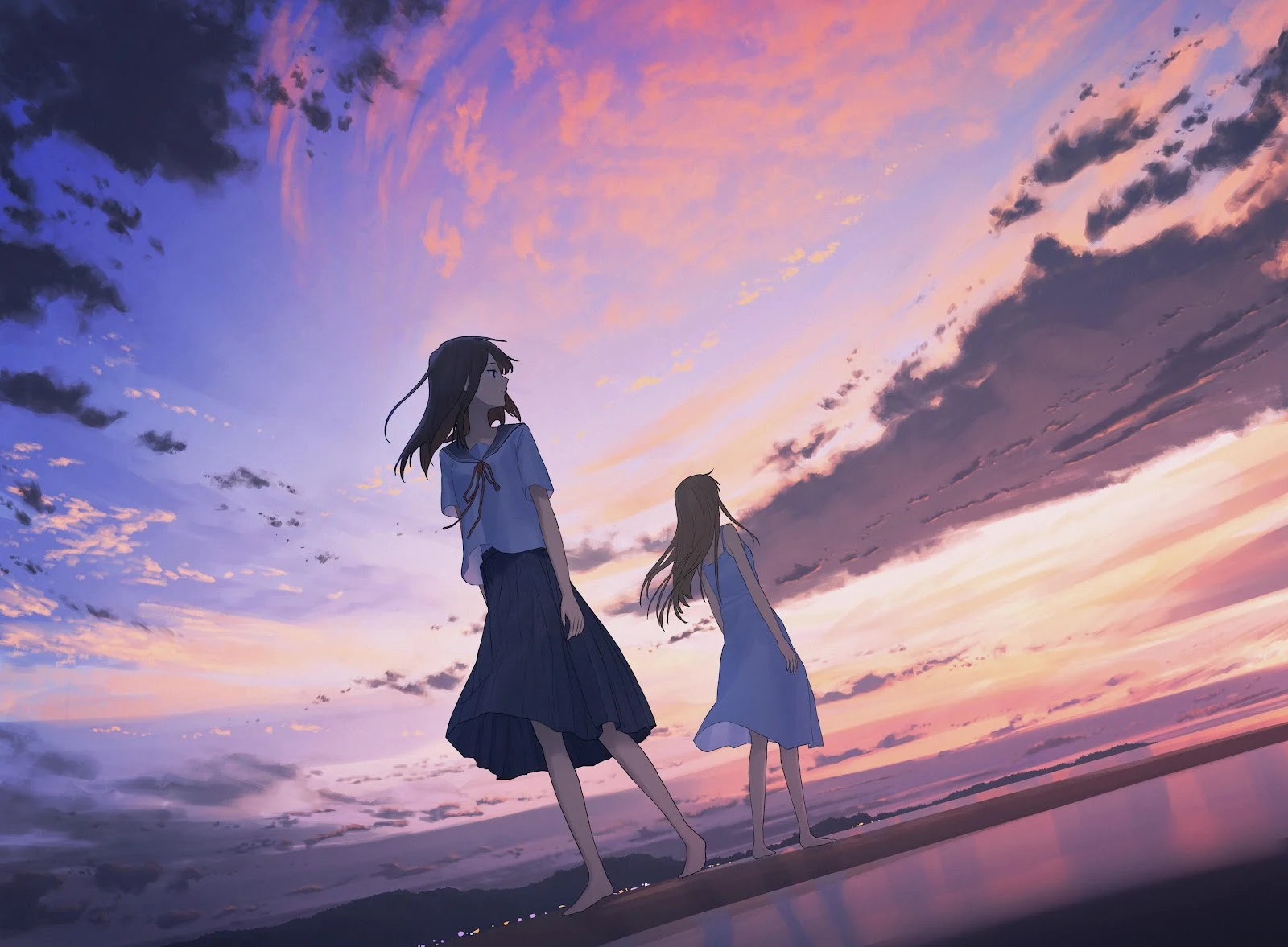Two Girls Under Sunset Sky - Anime Digital Illustration 5K Wallpaper (5176x3808)