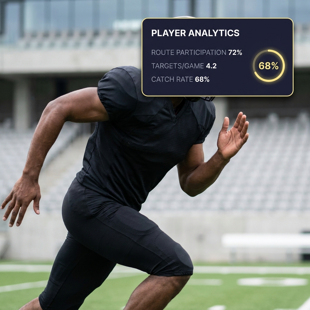 Close up anonymous football receiver on short route with analytics overlay showing route participation and a badge How Target Share Affects Football Props