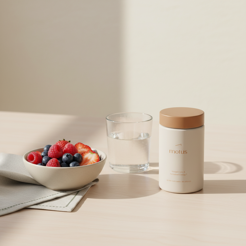 Minimalist morning table scene with Tonum Motus supplement, bowl of berries and glass of water, clean lifestyle photo suitable for a nutrition coach article.