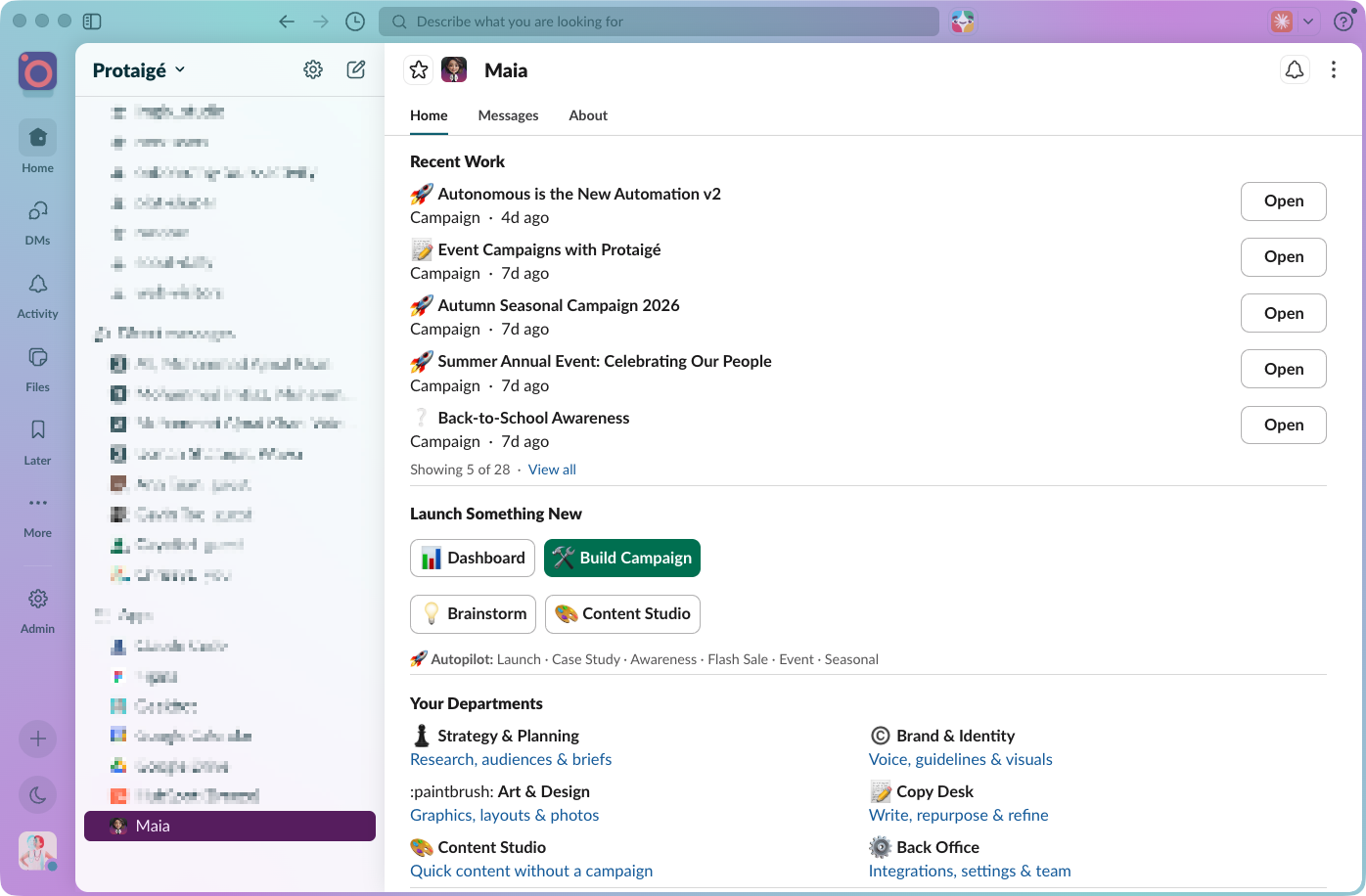 Maia's Home tab in Slack showing Recent Work, Launch Something New quick actions, Autopilot campaign types, and the Departments grouping