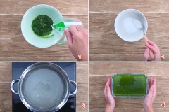 Rây mịn 1 muỗng cà phê bột matcha rồi hoà tan cùng 80ml nước ấm. Sau đó, trộn 1 muỗng cà phê bột jelly với 1 muỗng canh đường (có thể tăng giảm tuỳ khẩu vị). Cho hỗn hợp bột rau câu dẻo jelly vào nồi cùng 500ml nước lọc và phần bột matcha đã hoà tan với nước ấm. Nấu cho hỗn hợp sôi, vừa nấu vừa khuấy đều cho bột jelly tan hết. Sau đó, cho hỗn hợp vào khuôn và chờ đông lại.