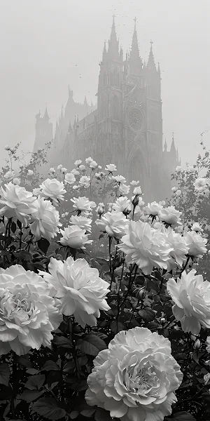 Gothic Architecture, White Roses, Foggy Landscape, Black And White Photography 2K iPhone Wallpaper Background