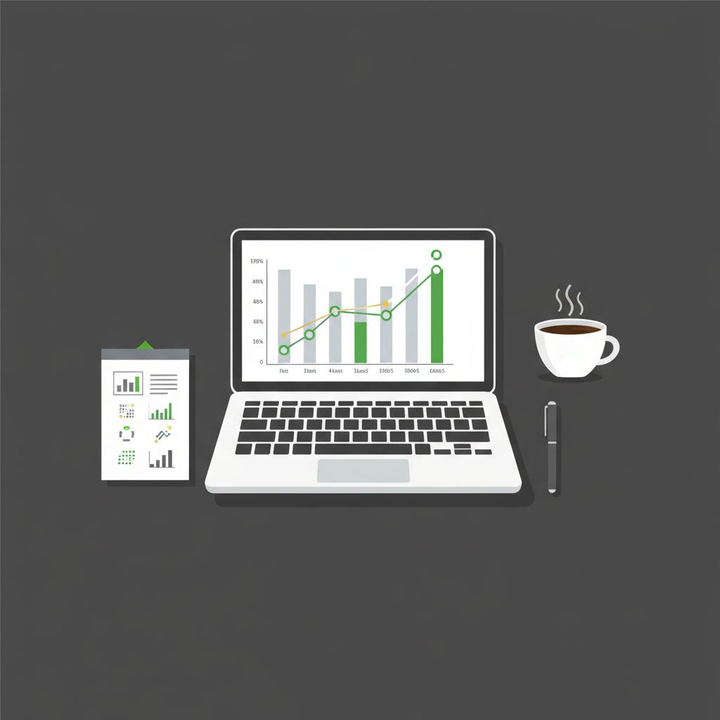 Minimalist 2D vector of an investor desk with laptop showing a REIT performance chart notepad with market metrics and a coffee cup illustrating how to start investing in property