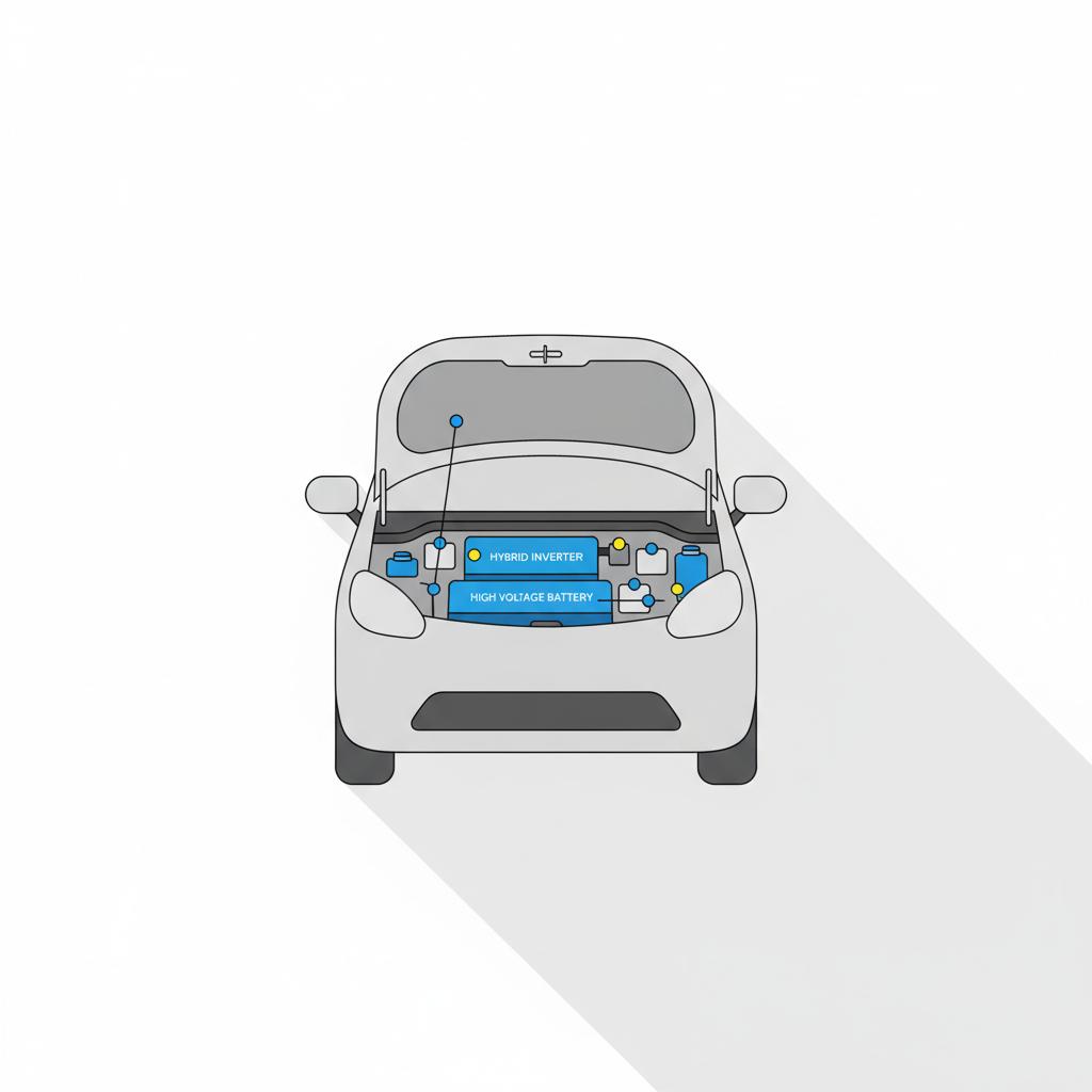 Minimal 2D vector of a compact hybrid hatchback with open hood showing simplified hybrid components and battery icons in CarFax blue toyota prius for sale