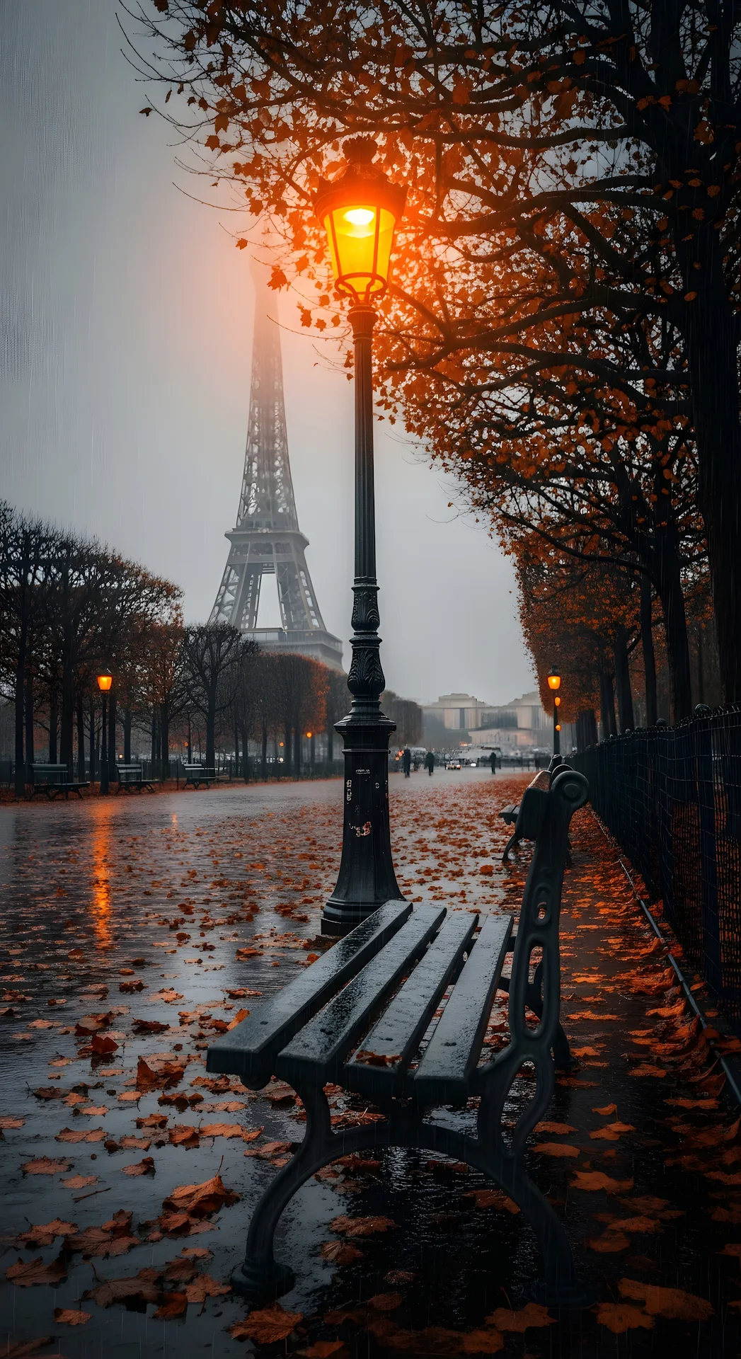 Atmospheric Autumn Park View of Eiffel Tower in Foggy Rain with Glowing Lamppost - Free 4K mobile Wallpaper