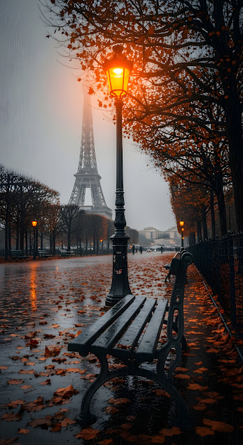 Atmospheric Autumn Park View of Eiffel Tower in Foggy Rain with Glowing Lamppost - Free mobile Wallpaper