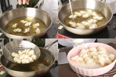 Bạn dùng tay nặn tạo hình cho bánh, làm cho đến khi hết bột. Đun nóng dầu ăn trong chảo để nhiệt độ của dầu tăng 4% thì thả bánh vào chiên đến bánh chín, nổi lên mặt dầu thì vớt bánh ra dĩa có lót giấy thấm dầu. Sau đó, rắc sữa bột lên bánh, trộn đều là xong rồi đó.