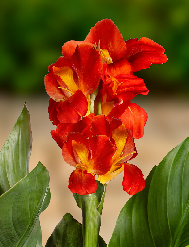 Canna indica 'Cannasun Martha' con foglie grandi e fiori rosso-arancio brillanti in un giardino tropicale