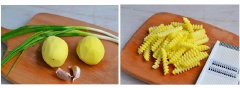 Khoai tây gọt vỏ rửa sạch thái con chì dày khoảng 1cm. Cho khoai tây vào tô, thêm bột ngô vào trộn đều.