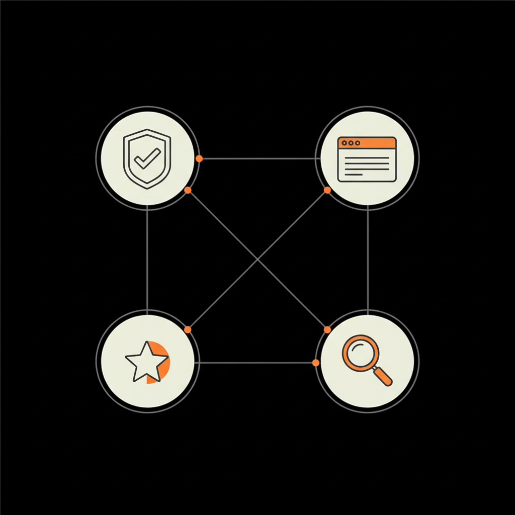 2D vector infographic of interconnected trust icons (badge, website, star, magnifier) in Social Success Hub palette illustrating Instagram verification benefits