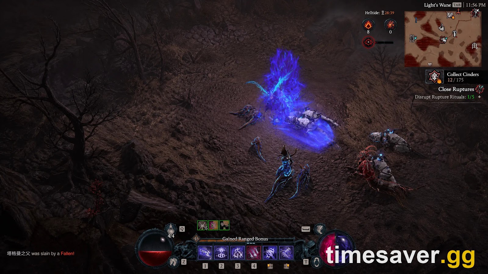Diablo 4 Season 14 Pandemonium Ruptures gameplay with a blue rupture rift and the quest tracker showing Close Ruptures and Disrupt Rupture Rituals objectives
