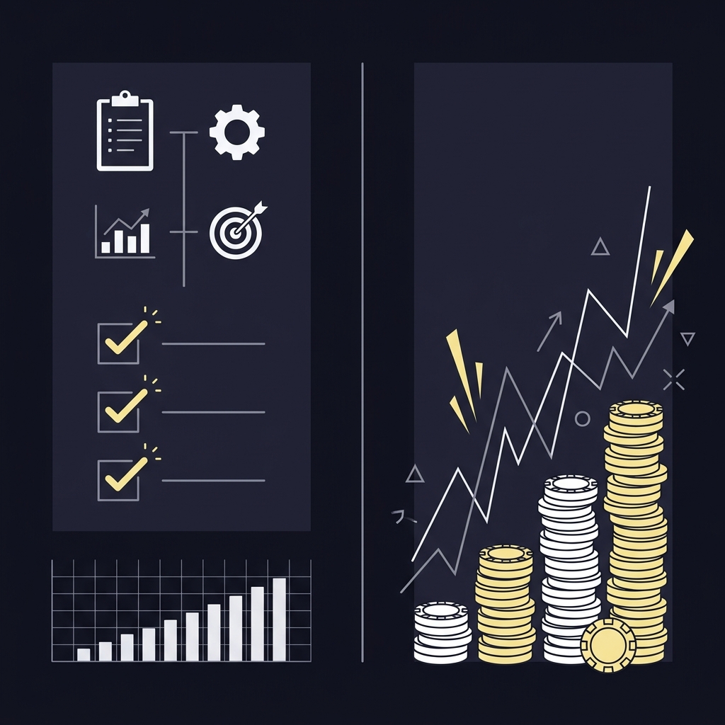 Minimalist 2D vector split illustration of a disciplined checklist pathway left and chaotic escalating stakes right demonstrating What Responsible Sports Trading Looks Like in Funded Plays brand colors