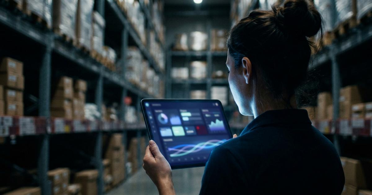 Antreprenor analizând dashboard de automatizare AI în depozit retail