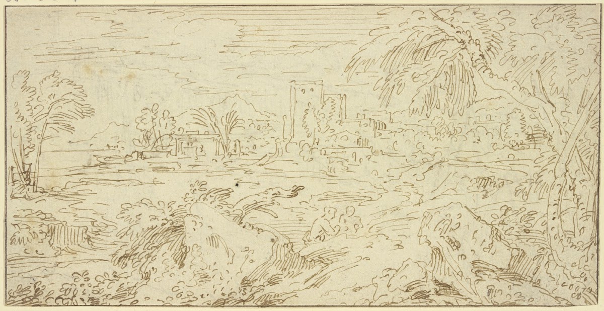 Landschaft mit Gebäuden im Vordergrund Felsstücke und zwei nur halb sichtbare Fi
