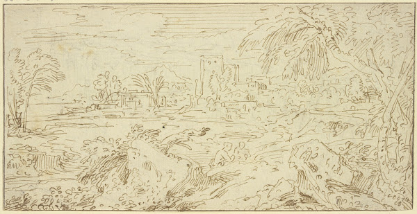 Landschaft mit Gebäuden im Vordergrund Felsstücke und zwei nur halb sichtbare Fi
