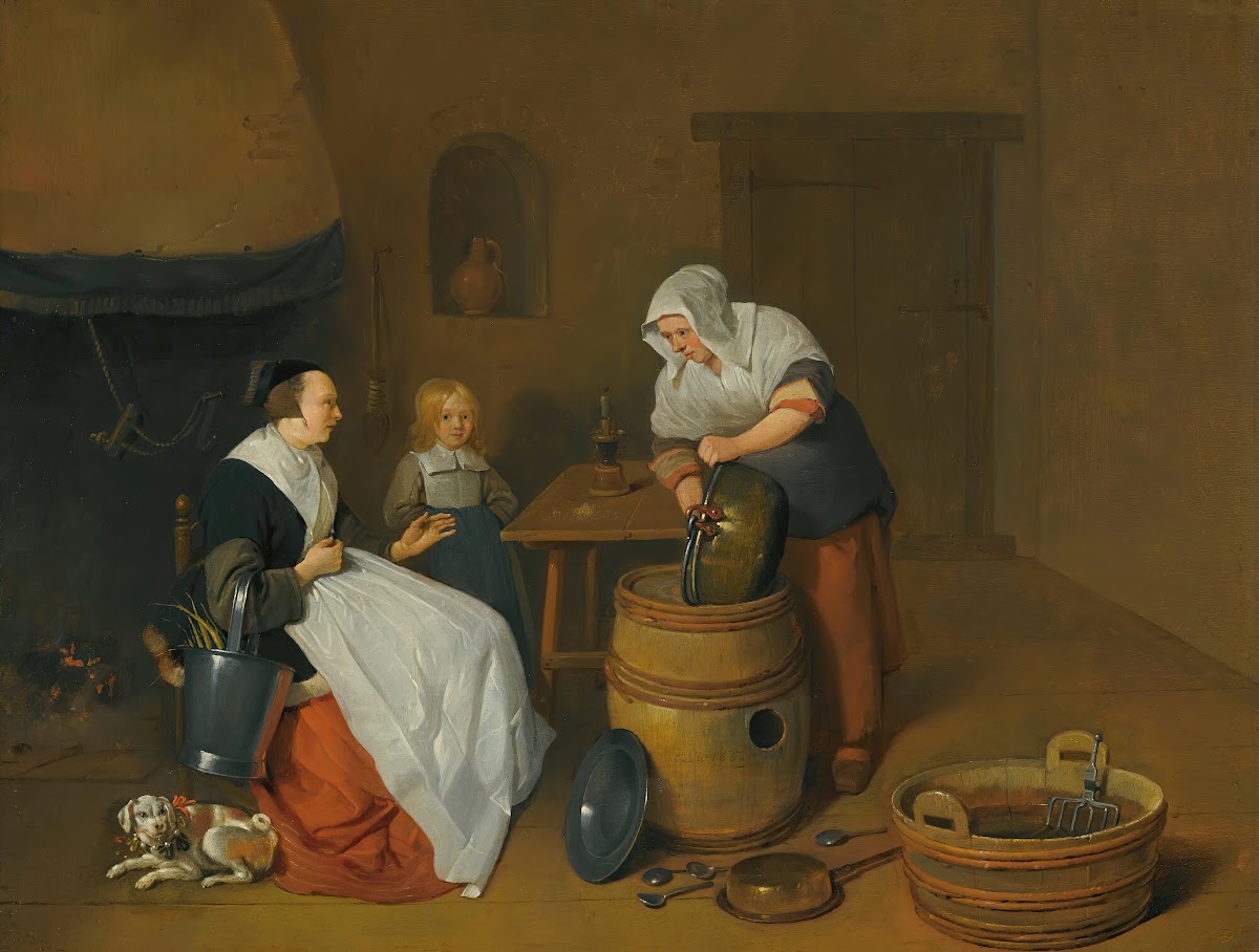 A Woman Talking With Her Maid In A Kitchen Interior With A Child A Dog And A Fir