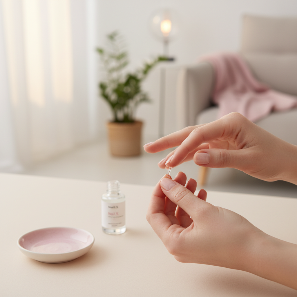 Nahaufnahme: Hände massieren abends sanft Nagelöl ein – pflegende Routine, brüchige Nägel behandeln; minimalistisches Wohnambiente mit weißem Hintergrund und zarten NailX-Pastelltönen.