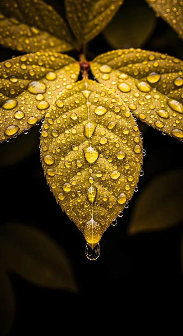 Golden Leaf Covered in Raindrops Macro Detail