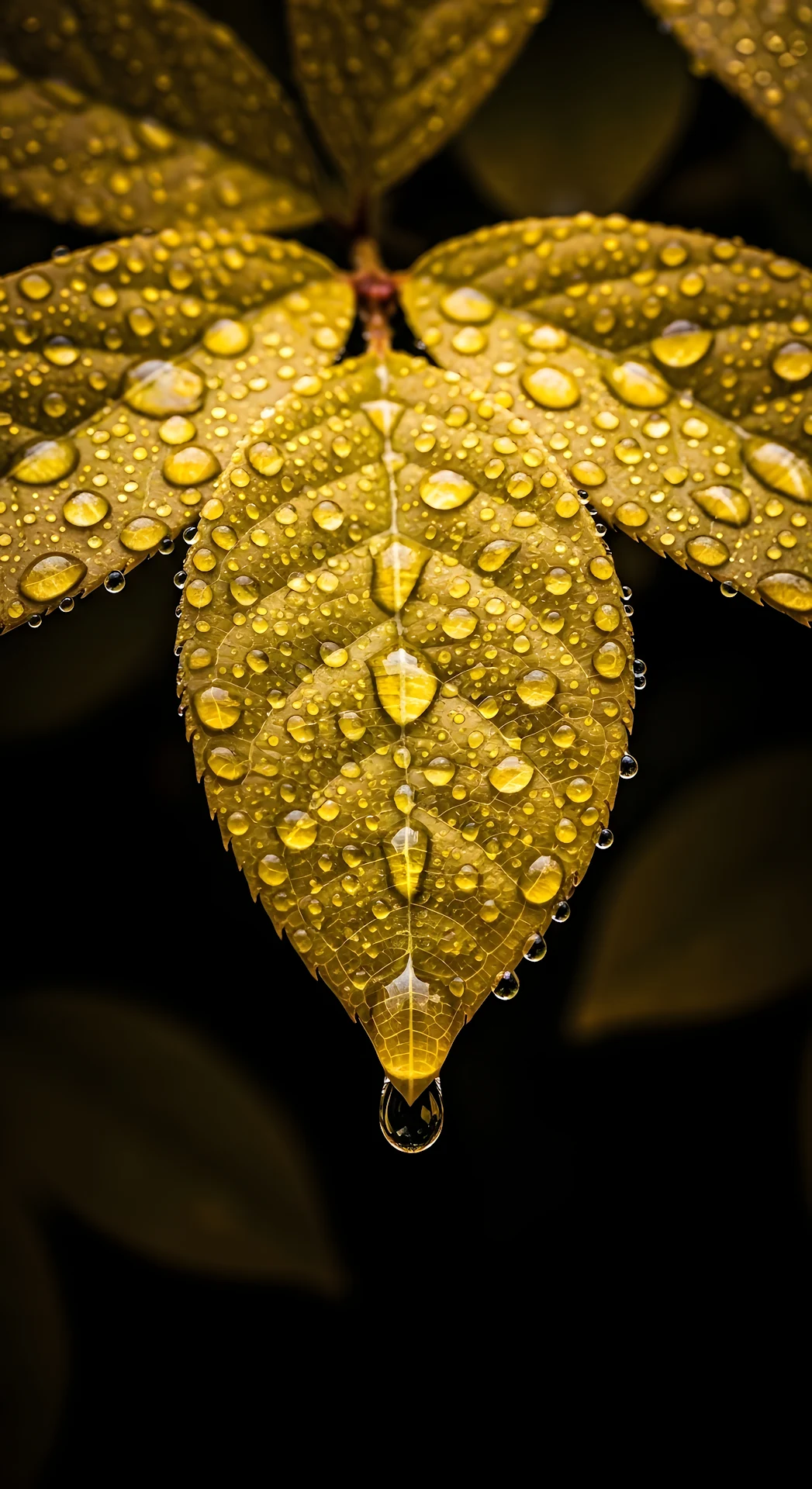 Golden Leaf Covered in Raindrops Macro Detail - Free 4K mobile Wallpaper