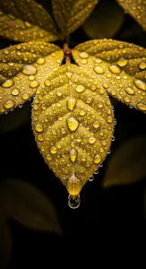 Golden Leaf Covered in Raindrops Macro Detail