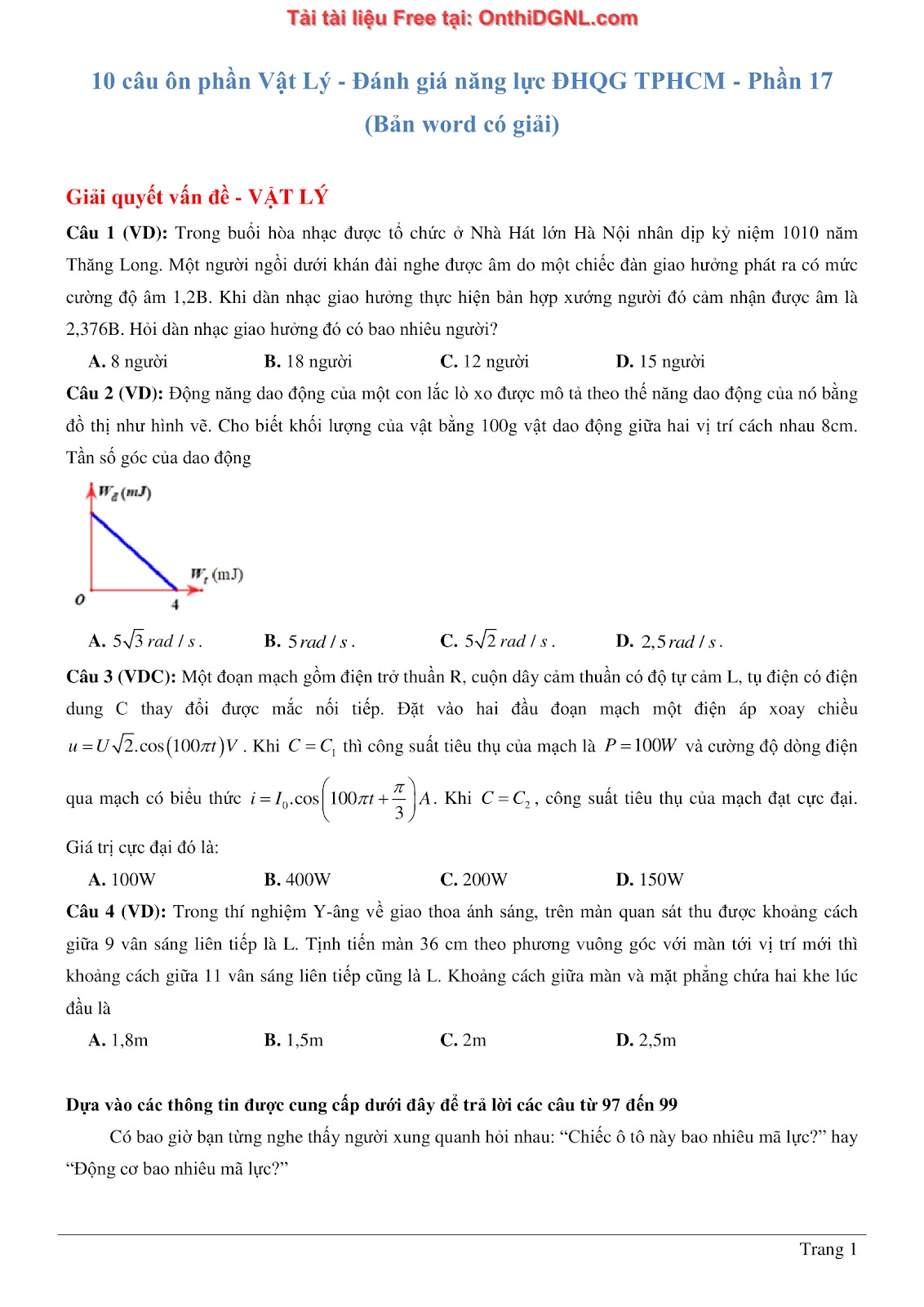 300 bài tập môn Vật Lý - Ôn thi ĐGNL ĐHQG TPHCM Phần 17