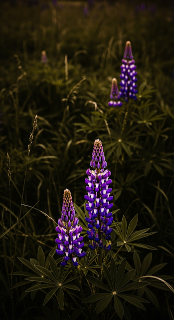 Vertical Photo of Vibrant Purple Lupine Flowers in Moody, Dark Brown Grass - Free mobile Wallpaper