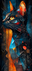 Abstract Geometric Cat Portrait Blue Orange Cubist Artwork