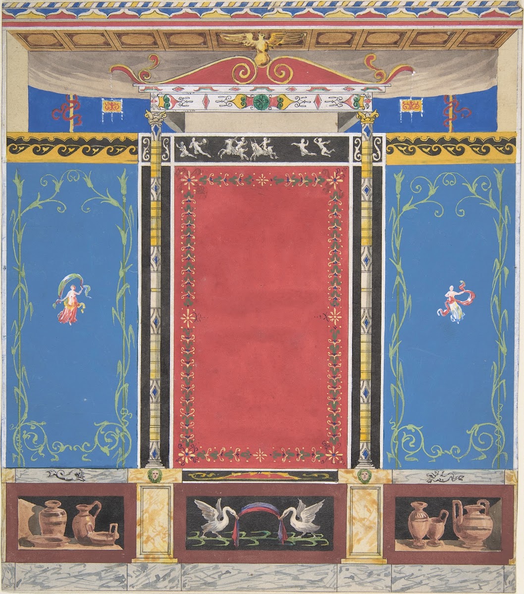 Painted Wall Decor Featuring Thin Column with a Pair of Swans and Trompe LOeil V