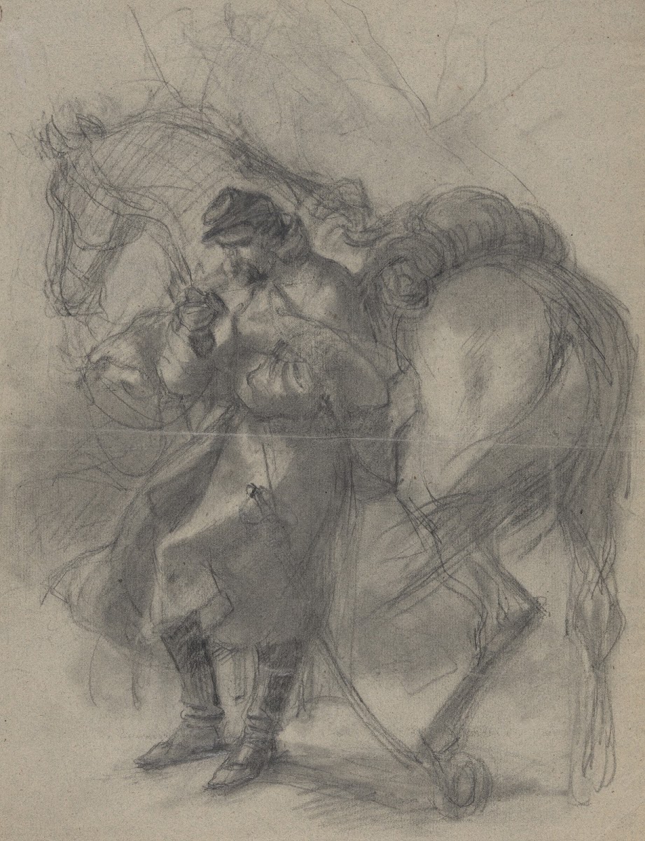 Civil War soldier leaning against horse 1866