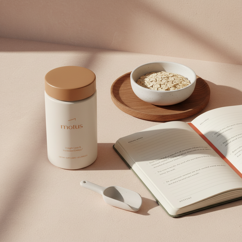 Minimal lifestyle product photo of Motus supplement jar on wooden surface with oats, notebook and ceramic scoop, illustrating how much whey protein to take to lose weight