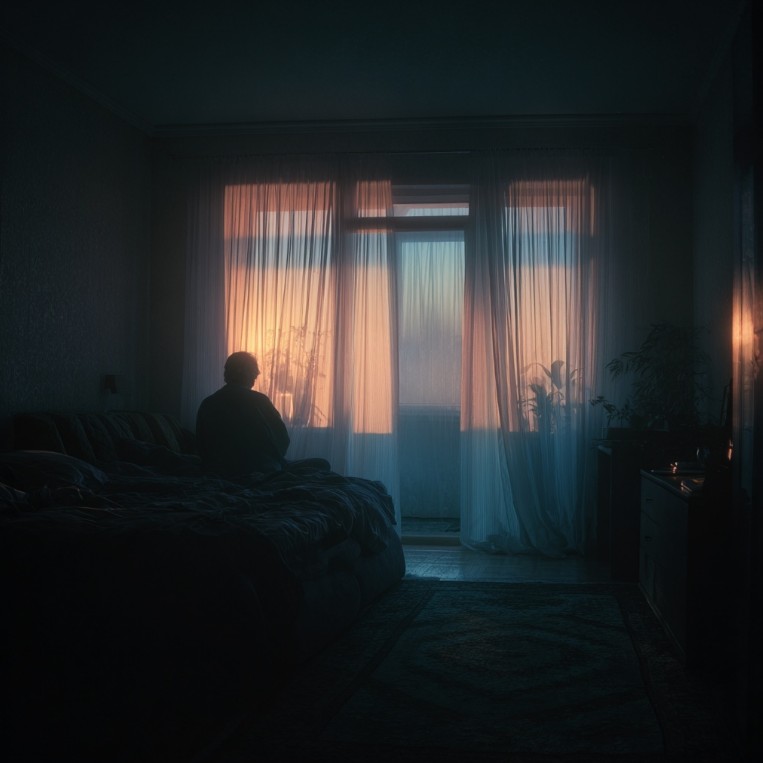 새벽에 침대에 앉아 있는 모습