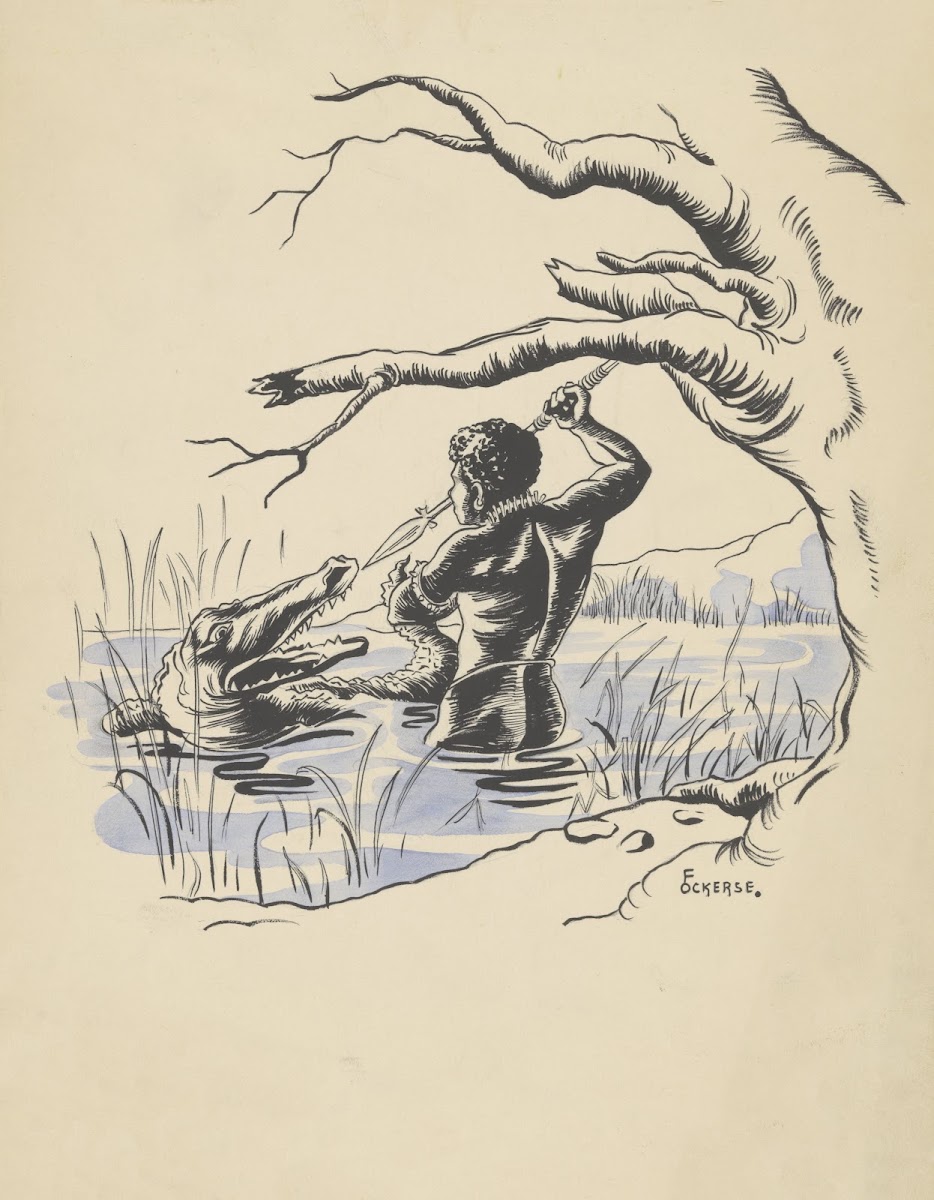 Jager valt een krokodil aan in een rivier 1936