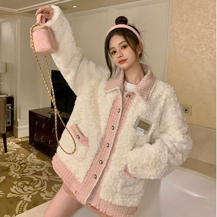 Lamb fleece jacket for women, lined, loose fit