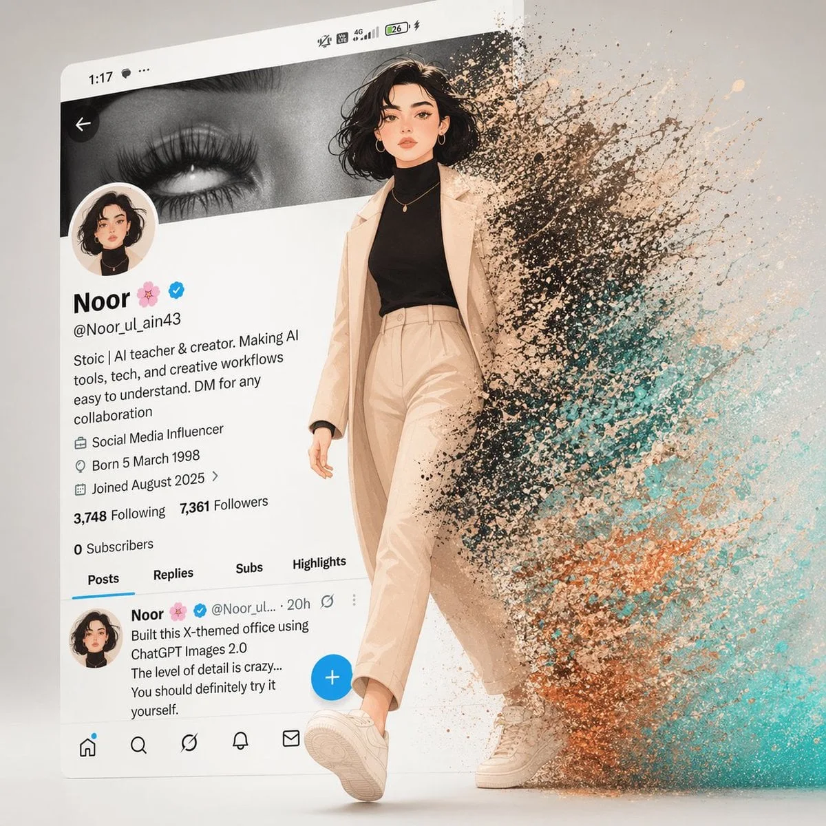 Una obra de arte digital cinematográfica que muestra a una chica animada con estilo saliendo de la interfaz de un perfil moderno de X (Twitter).