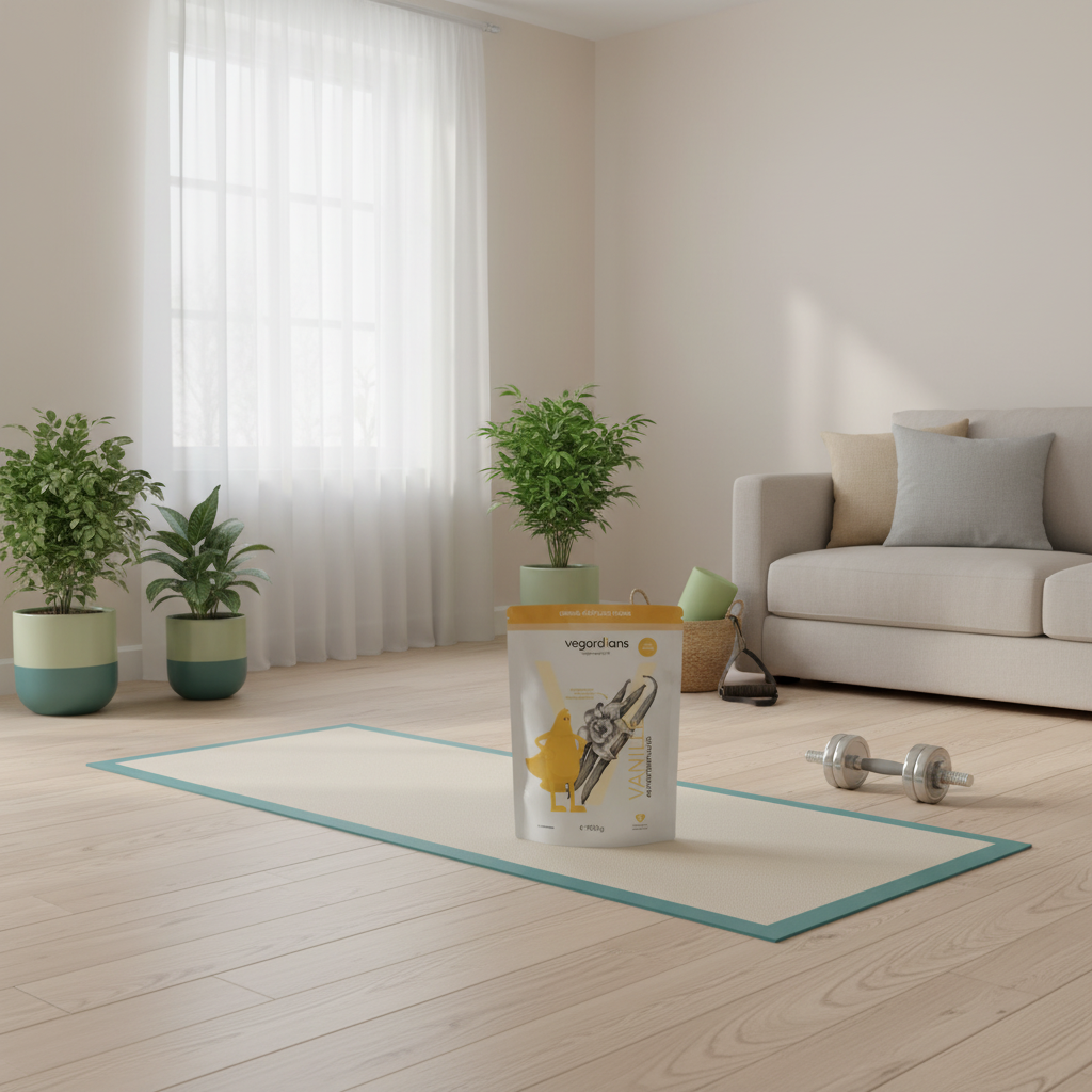 Minimalistische Heimtrainingsszene mit Yogamatte und Hanteln im skandinavischen Wohnzimmer; Vegardians-Farbwelt angewendet, Fokus auf Equipment – Supplemente für Frauen.