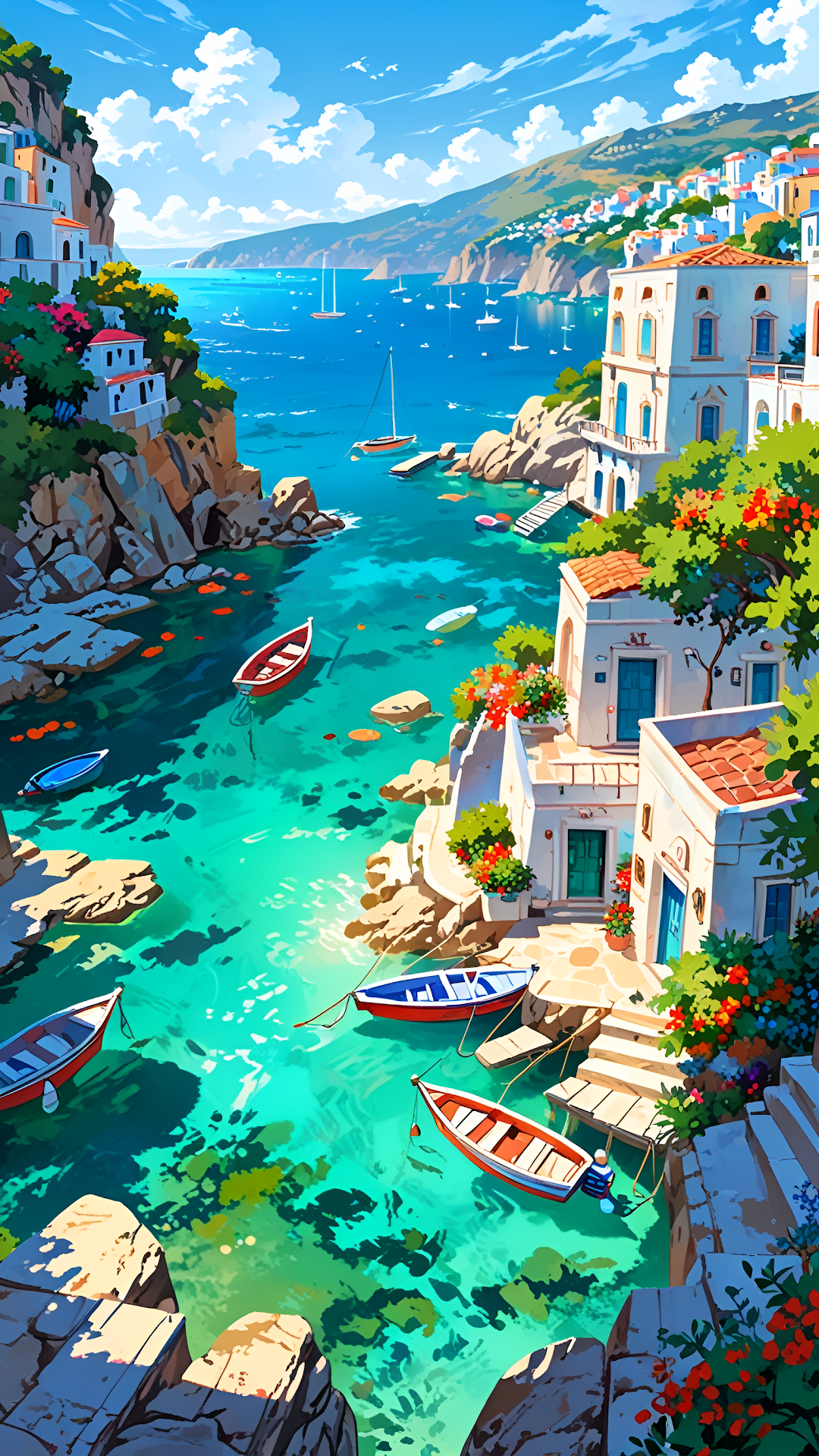 Colorful Coastal Village with Boats in Turquoise Bay - Free 4K mobile Wallpaper