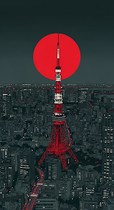 Stylized Tokyo Tower Cityscape with Red Sun