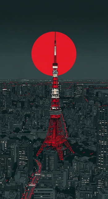 Stylized Tokyo Tower Cityscape with Red Sun - Free mobile Wallpaper