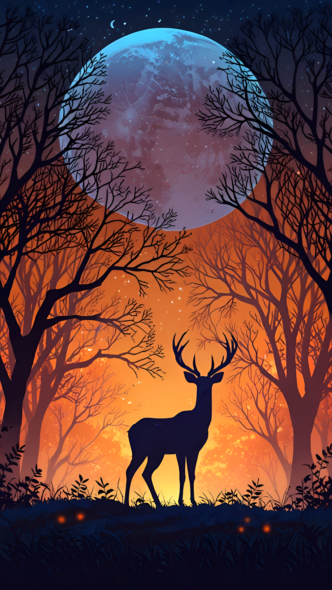 Stag Silhouette Under Giant Moon in Orange Forest - Free 4K mobile Wallpaper