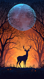 Stag Silhouette Under Giant Moon in Orange Forest