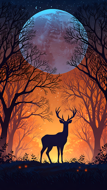 Stag Silhouette Under Giant Moon in Orange Forest - Free mobile Wallpaper