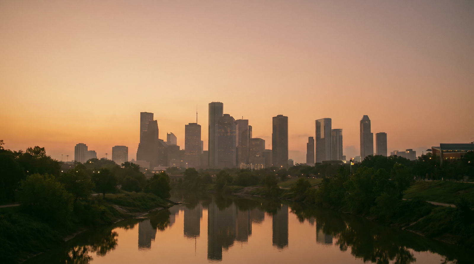 The Houston skyline reflected in Buffalo Bayou