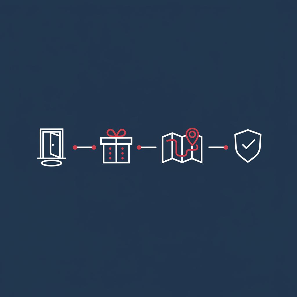 Minimal vector infographic showing four icons for greet give guide guard in a horizontal flow on dark blue background new neighbors near me