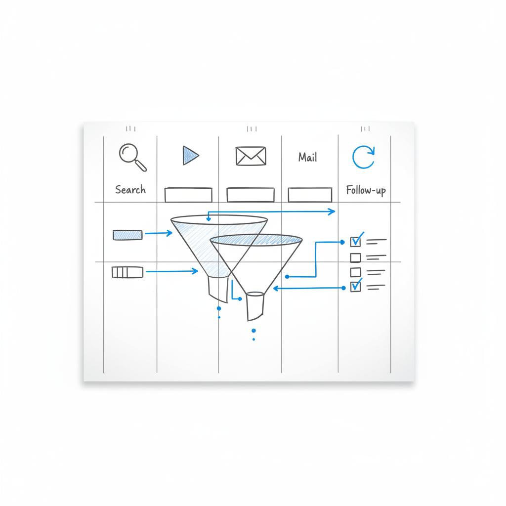 Close-up sketched campaign timeline sheet with four columns for search, video, mail, follow-up, arrows and checkboxes in dark gray and blue accent &mdash; best advertising for realtors