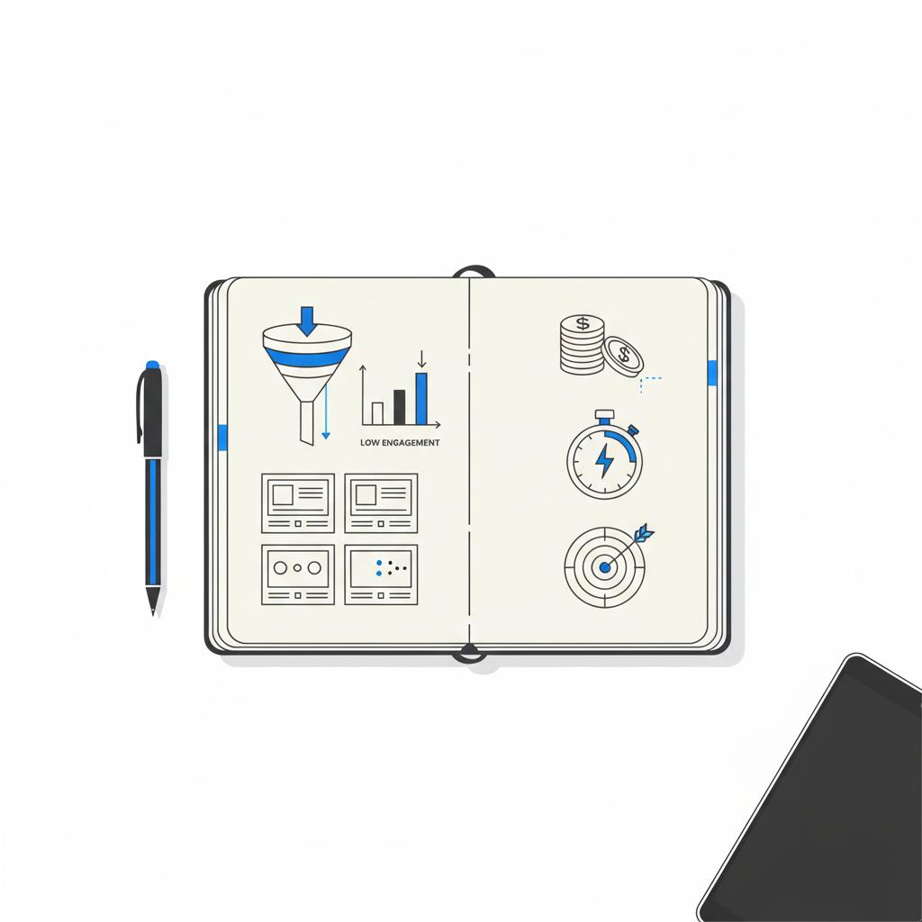 2D vector desk flatlay of a notebook with icon sketches showing audience mismatch, low engagement, budget waste, and short attention &mdash; disadvantages of TikTok ads