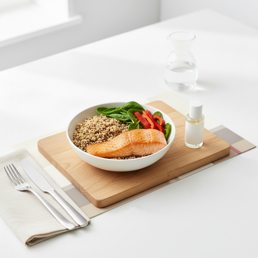 Top-Ansicht einer Mahlzeit mit Quinoa, geröstetem Lachs, Spinat und roter Paprika neben unlabeledem Nagelhautöl auf weißem Hintergrund – Lebensmittel für starke Nägel
